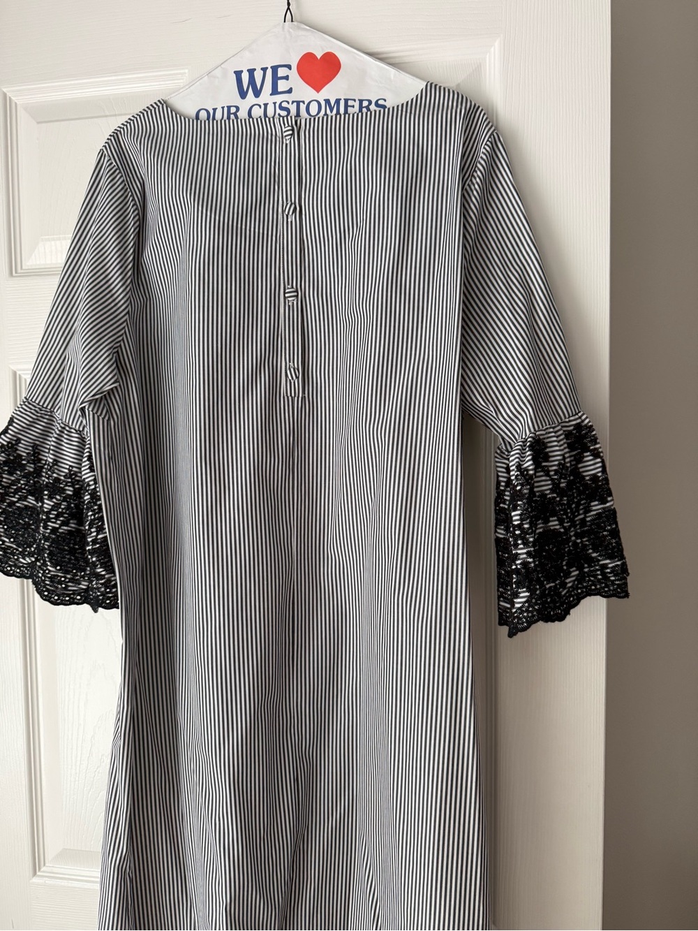 Nina Leonard Black and White Striped Dress with Lace Bell Sleeves